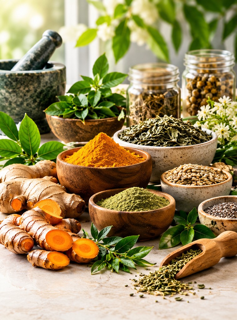 Herbal wellness ingredients including turmeric, ginger, dried herbs, seeds and botanical ingredients